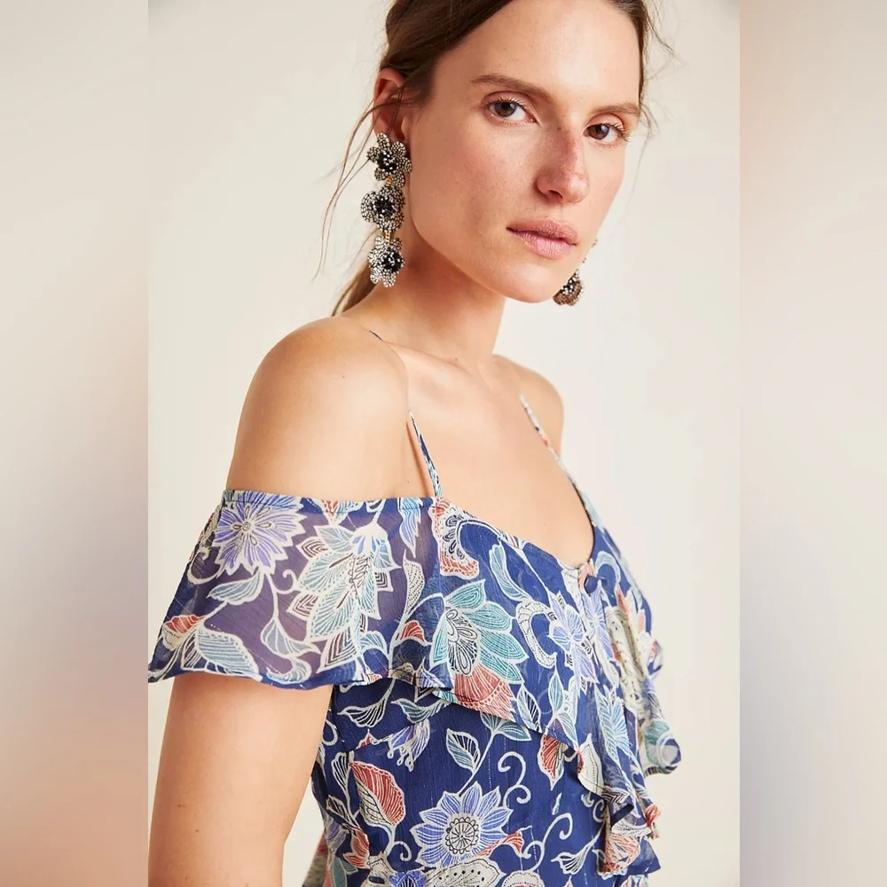 NWT Maeve Anthropologie Mariposa Open-Shoulder Ruffled Top, Size 2 - Picture 3 of 10